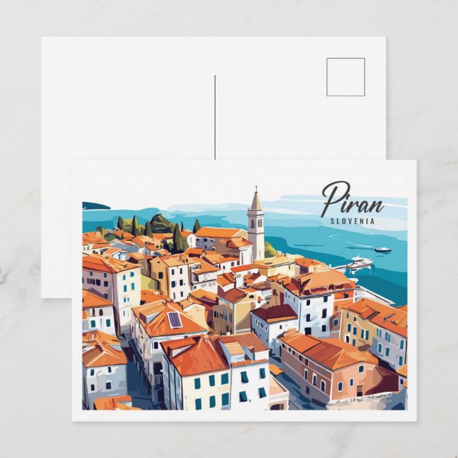 Carte Postale Vue aérienne Piran Slovénie Illustration Voyage (Devant / Derrière)