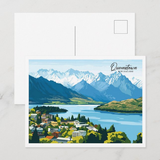 Carte Postale Vue aérienne Queenstown Nouvelle-Zélande Illustrat (Devant / Derrière)