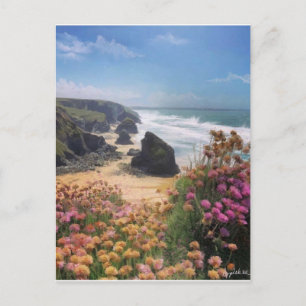 Carte Postale Vue de falaise de la plage avec des fleurs,