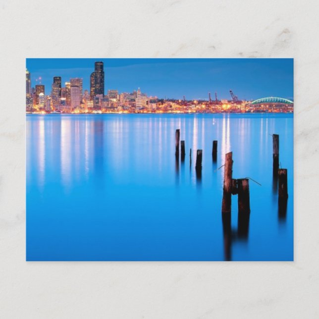 Carte Postale Vue de l'heure bleue sur le centre-ville de Seattl (Devant)