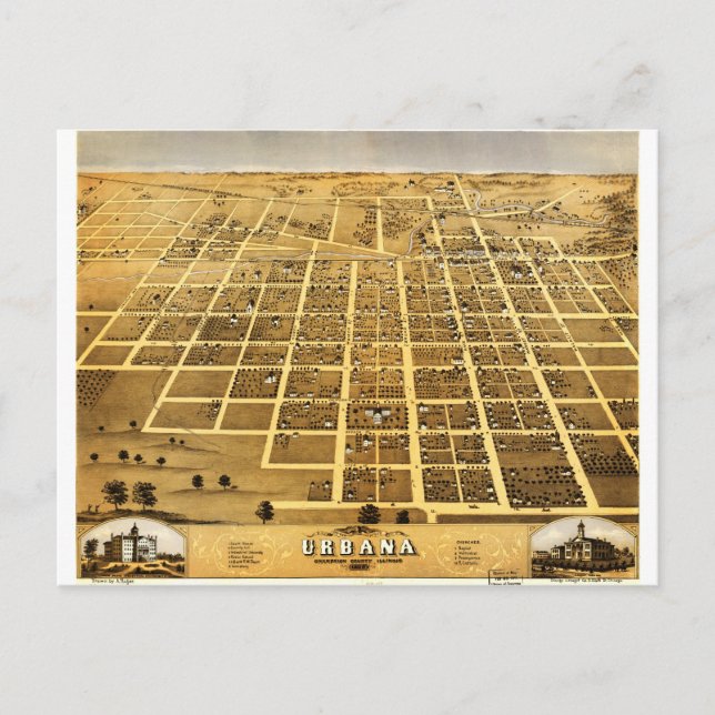 Carte Postale Vue d'Oiseaux d'Urbana, Illinois (1869) (Devant)