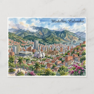 Carte Postale Vue panoramique de Medellín, Colombie, art aquarel
