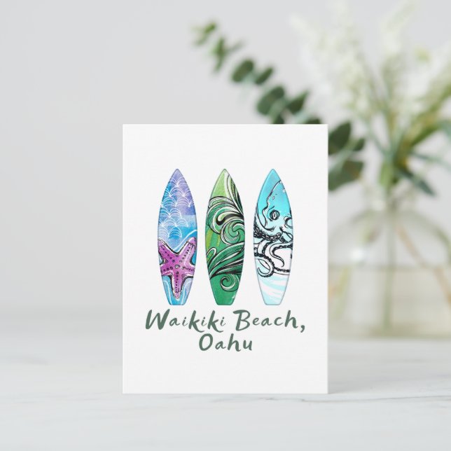 Carte Postale Waikiki Beach Oahu Watercolor Surboards (Debout devant)