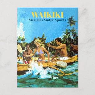 Carte Postale Waikiki, Sports Nautiques d'Été, Voyage Rétro