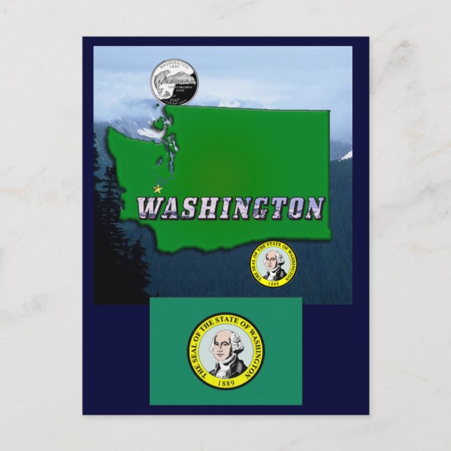 Carte Postale Washington State Map Faux Quarter, Phoque, Montagn (Devant)