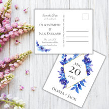 Watercolor Blue Flower Wedding Enregistrer la date