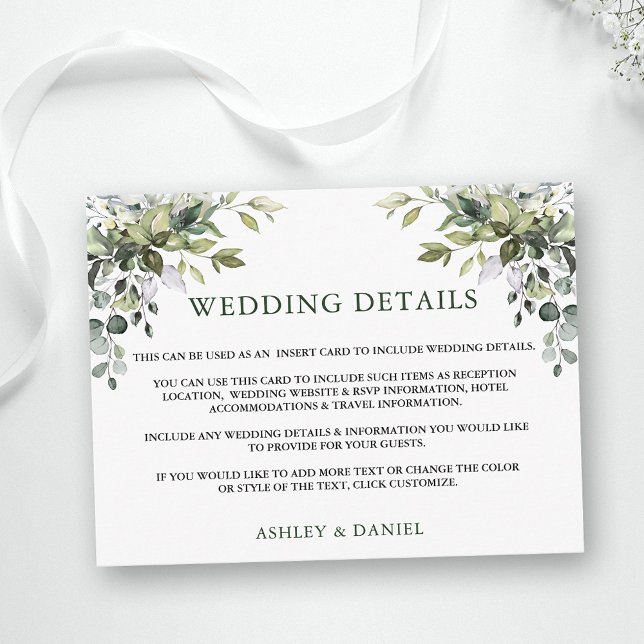 Carte Postale Watercolor Greenery Détails du Mariage Insérer une (Customize to change text color, text style or add text & photos to back of card.)