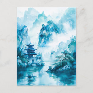 Carte Postale Watercolor ink of chinese landscape on a lake