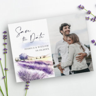 Carte Postale Watercolor Lavender Field Wedding Enregistrer la d