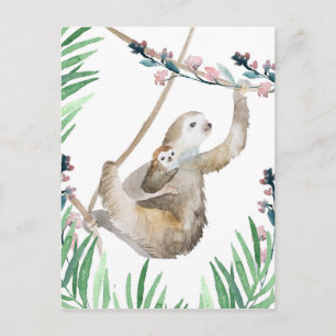 Carte Postale Watercolor Mama et Baby Sloth