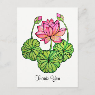 Carte Postale Watercolor Pink Lotus with Buds & Leaves