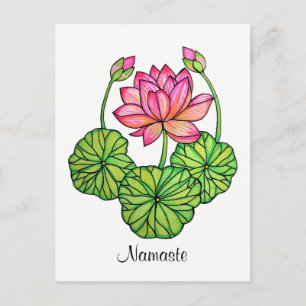 Carte Postale Watercolor Pink Lotus with Buds & Leaves