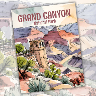 Carte Postale Watercolor Retro Grand Canyon Desert Watchtower