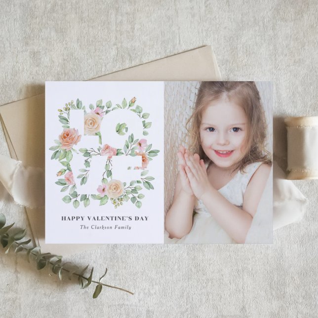 Carte Postale Watercolor Rose and Greenery Photo Valentine's Day (Créateur téléchargé)