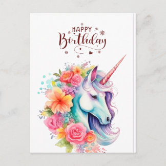 Carte Postale Watercolour Unicorn Floral Happy Birthday PostCard