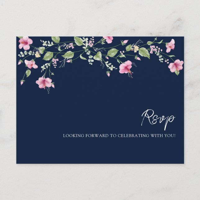 Carte Postale Wedding shower en fleur d'Hibiscus rose bleu marin (Devant)
