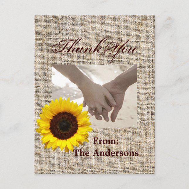 Carte Postale Western Country Burlap Sunflower Mariage merci (Devant)