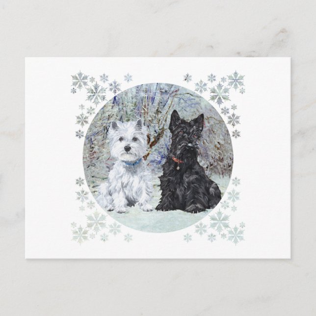 Carte Postale Westie et Scottie dans le paysage enneigé (Devant)