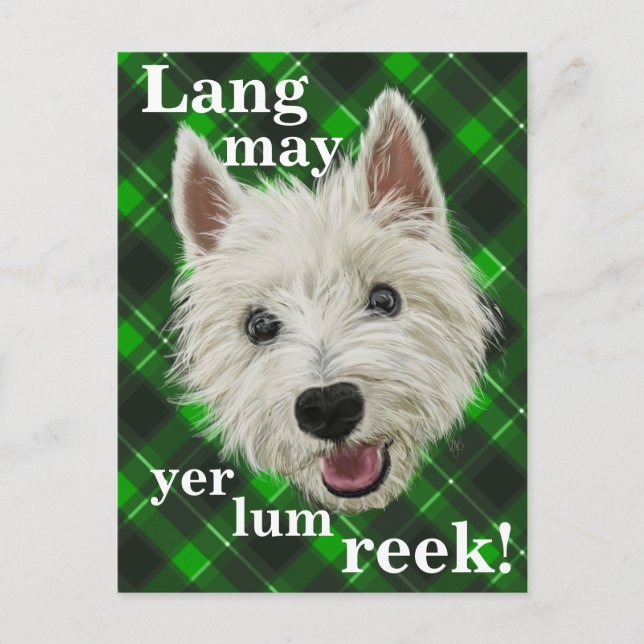 Carte Postale Westie Sagdom. Lang may yer lum reek ! (Devant)