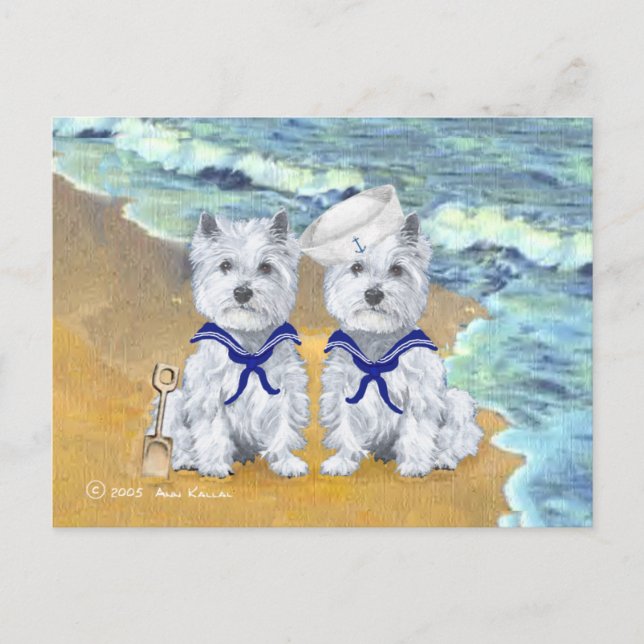Carte Postale Westie Sailor Twins à la plage (Devant)