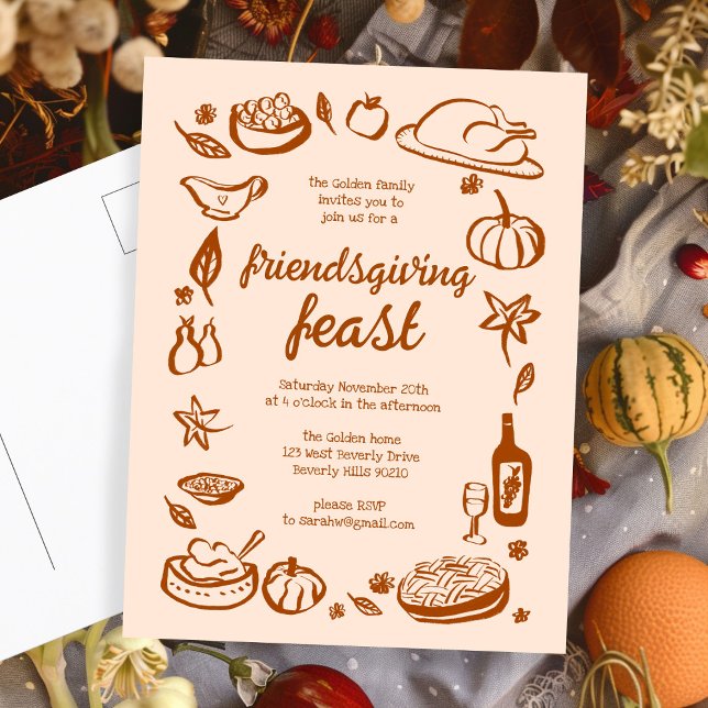 Carte Postale Whimsgiving Friendsgiving Dîner sur mesure (Whimsical Thanksgiving Friendsgiving Dinner Custom Postcard
)