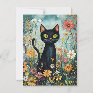 Carte Postale Whimsical Black Cat avec illustration Fleur sauvag