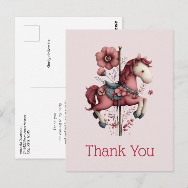 Carte Postale Whimsical Carousel Horse Image Thank You (Devant / Derrière)