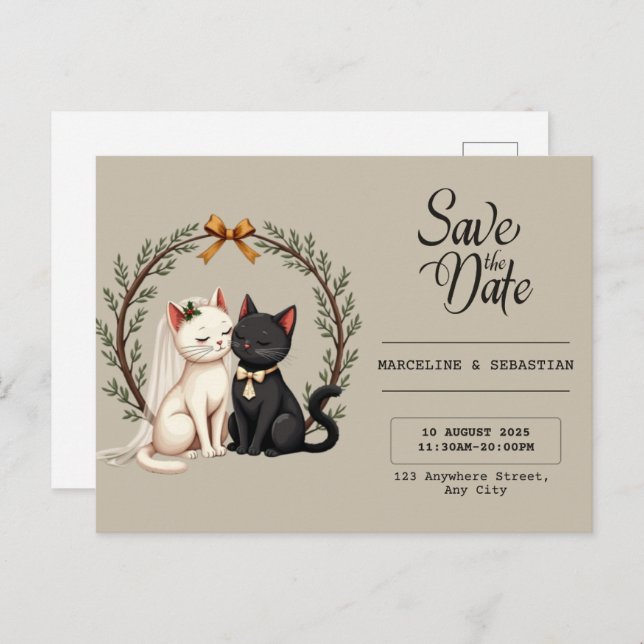 Carte Postale Whimsical Cat Wedding Save the Date  (Devant / Derrière)