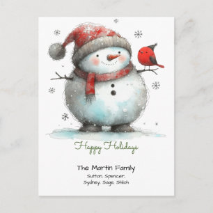 Carte Postale Whimsical mignon Snowman et Red Bird Joyeuses vaca
