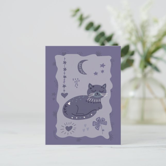 Carte Postale Whimsical Night Cat Folk Art Postcard (Debout devant)