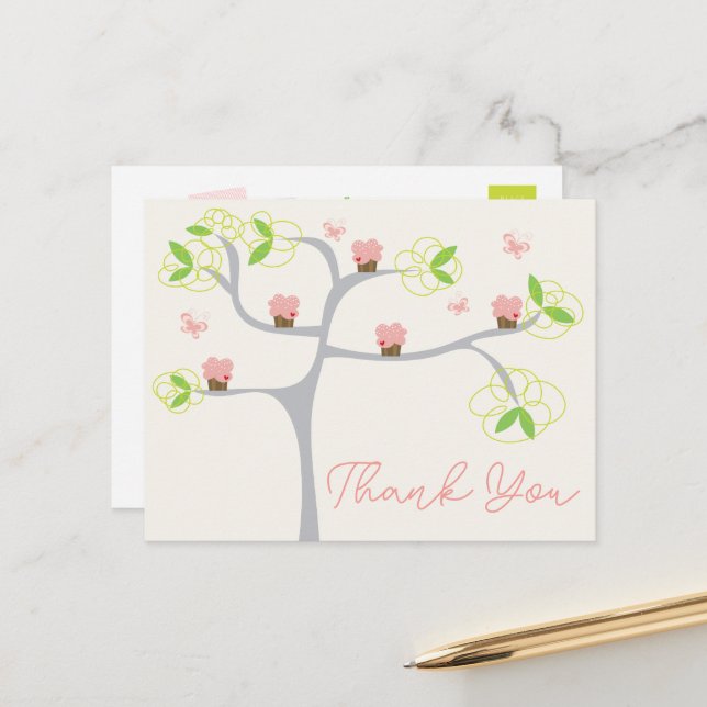 Carte Postale Whimsical Pink Cupcakes Arbre Anniversaire Merci (Devant/Arrière en situation)
