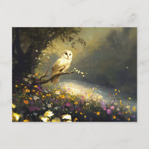Carte Postale Whimsical Snowy White Owen Art Fleur sauvage
