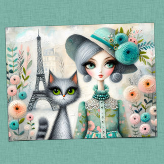 Carte Postale Whimsy parisienne : Femme élégante et chat adorabl