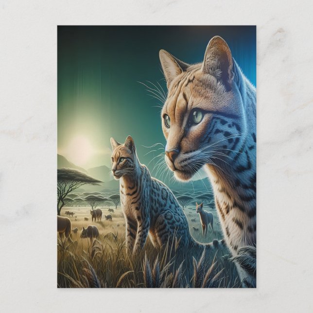 Carte Postale Whiskered Wonder : Feline Frolder dans Sunlit Mead (Devant)