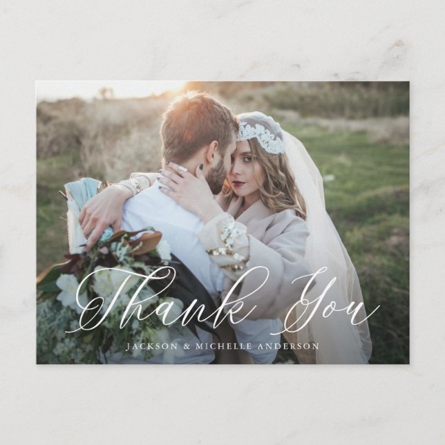 Carte Postale White Elegant Calligraphie Photo Mariage Merci (Devant)