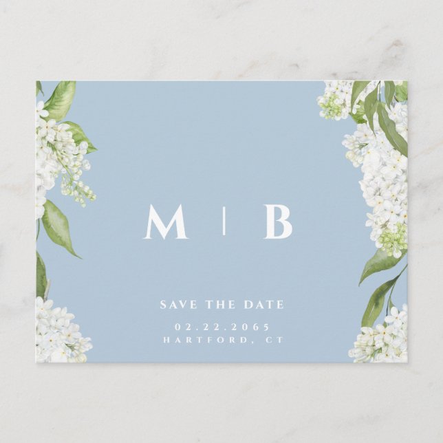Carte Postale White Floral Sky Blue Wedding Enregistrer la date (Devant)