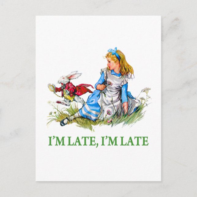 Carte Postale White Rabbit Rushes par Alice, "Je suis en retard, (Devant)