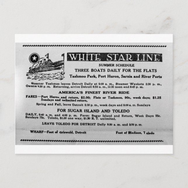 Carte Postale White Star Line Horaire d'été Tashmoo Park (Devant)