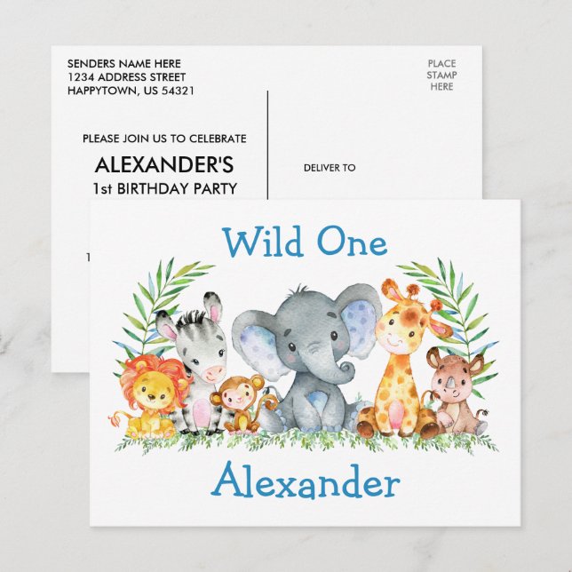 Carte Postale Wild One Safari Animaux 1er anniversaire Invitatio (Devant / Derrière)