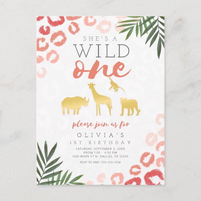 Carte Postale Wild One Safari rose et or 1er anniversaire (Devant)
