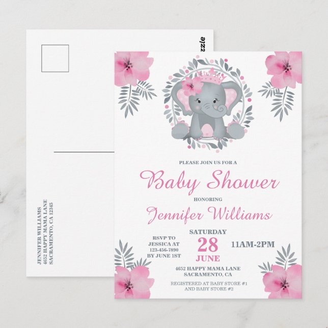 Carte Postale Wild Safari rose Floral Elephant Baby shower Invit (Devant / Derrière)