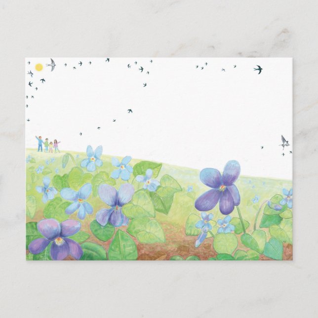 Carte Postale Wild Violet Spring Hill, Kids and Swallow Birds (Devant)
