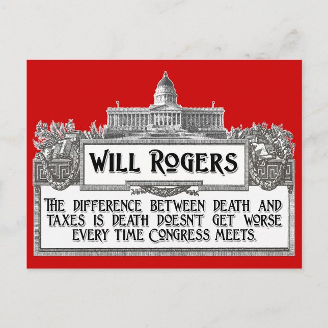 Carte Postale Will Rogers Citation sur la mort et les impôts (Devant)
