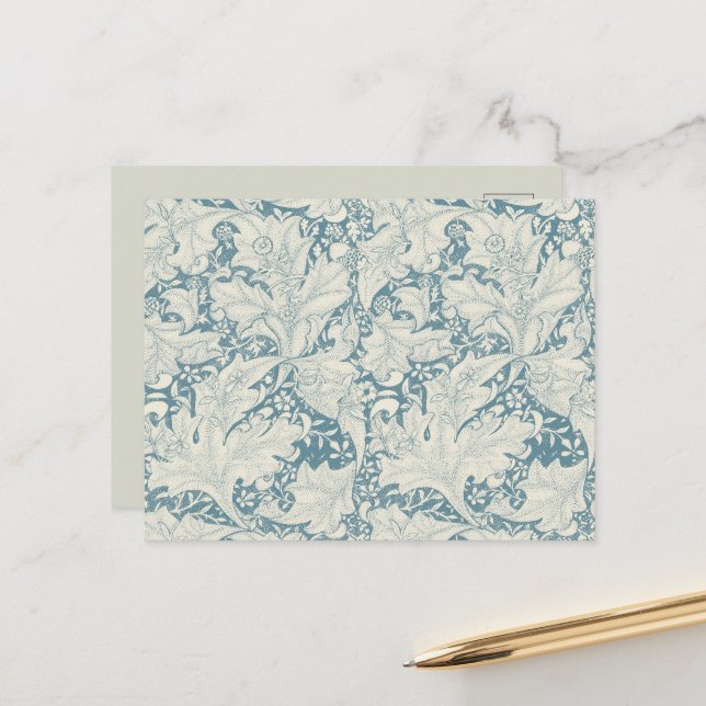 Carte Postale William Morris Wallflower bleu damas floral (Devant/Arrière en situation)