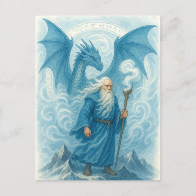 Carte Postale Wind Wizard et Dragon en Imaginaire d'aquarelle bl (Devant)