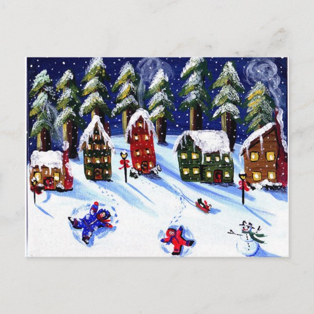 Carte Postale Winter Fun Making Snow Angels Folk Art (Devant)