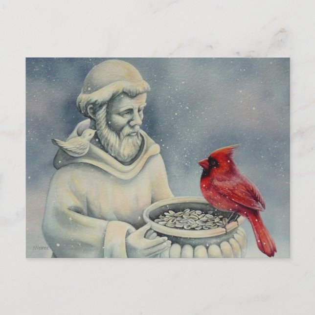 Carte Postale Winter Red Cardinal Bird St Francis Aquarelle Art (Devant)