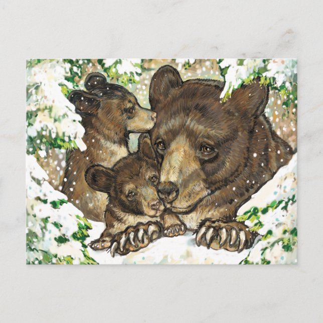 Carte Postale Winter Wildlife Art Black Bear Mère et petits (Devant)