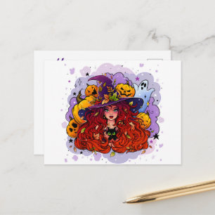 Carte Postale Witch Ghost et Citrouilles