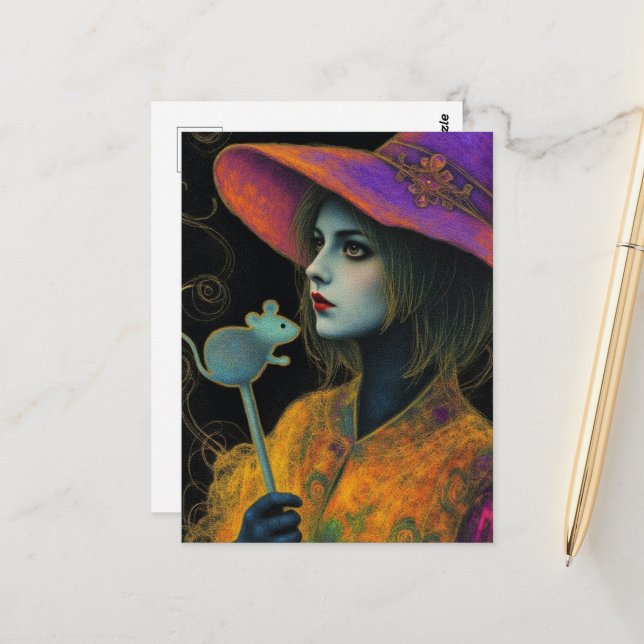 Carte Postale Witch With Mouse Wand (Devant/Arrière en situation)